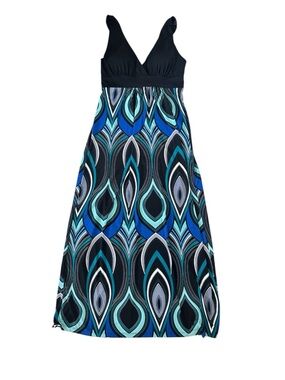 Heart Soul Geometric Print Blue V Neck Maxi Dress